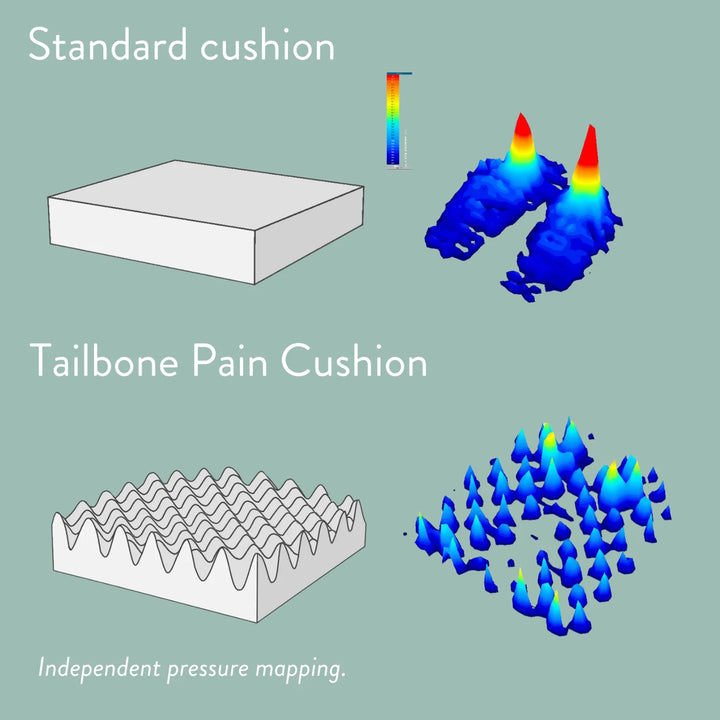 Tailbone Pain Cushion with a cut out for pressure relief at the back of the cushion. Stretch navy blue or black cover available in different sizes. High density foam with a 2 year guarantee.