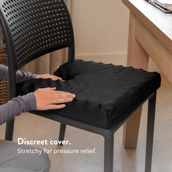 Sero Pressure Cushion Coccyx Cut Out - For tailbone pain and coccydynia. Discreet stretch cover available in different sizes and thicknesses. Handmade in the UK. 2 year guarantee.