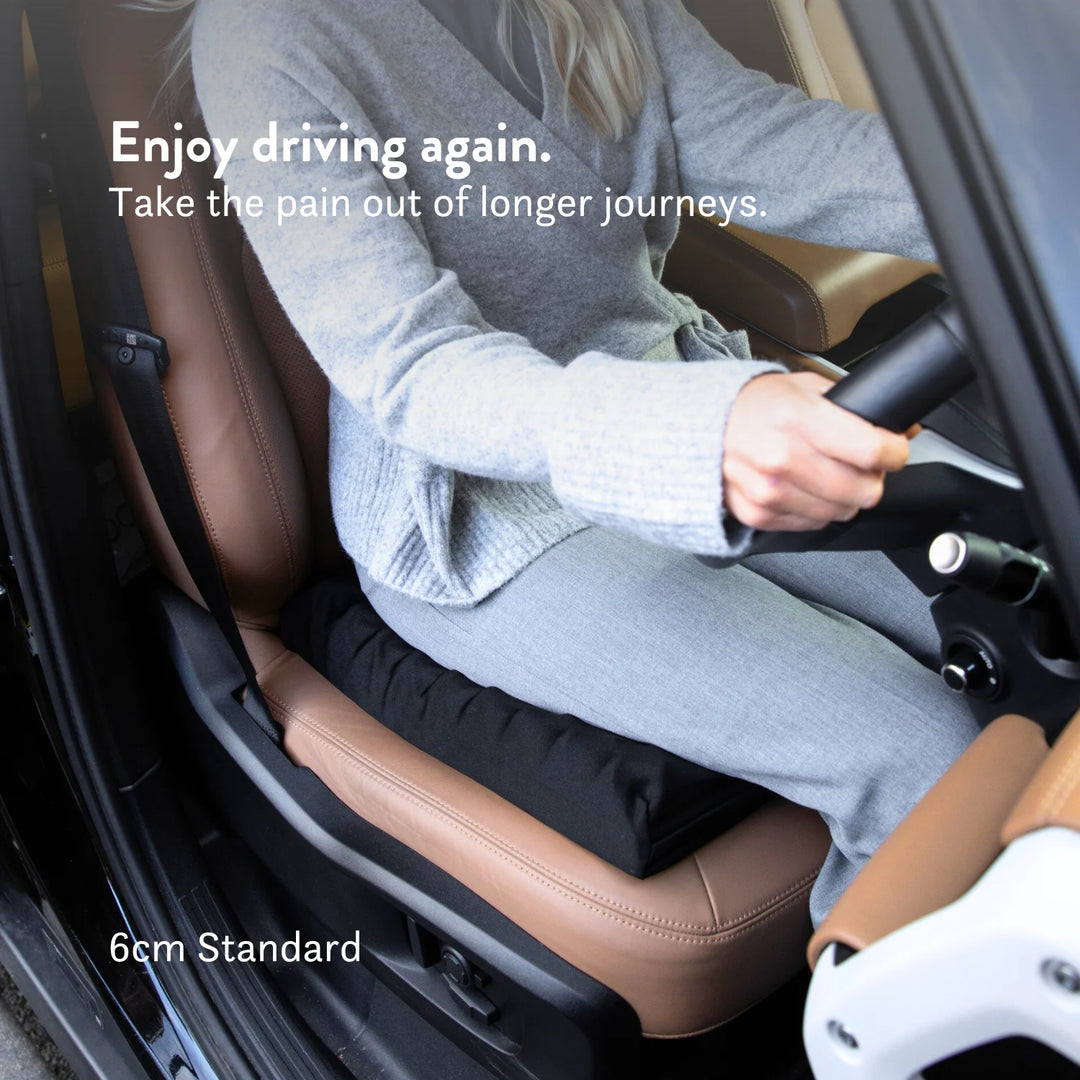 Sero Pressure Cushion Coccyx Cut Out - For car and driving tailbone pain and coccydynia. Discreet stretch cover available in different sizes and thicknesses. Handmade in the UK. 2 year guarantee.