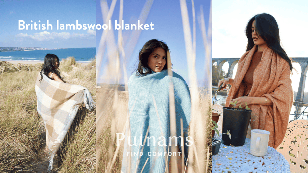 British Lambs Wool Blanket - brown and blue check pattern